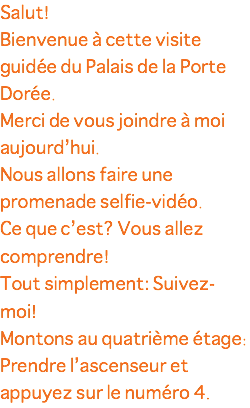Salut! Bienvenue à cette visite guidée du Palais de la Porte Dorée. Merci de vous joindre à moi aujourd’hui. Nous allons faire une promenade selfie-vidéo. Ce que c’est? Vous allez comprendre! Tout simplement: Suivez-moi! Montons au quatrième étage: Prendre l’ascenseur et appuyez sur le numéro 4.